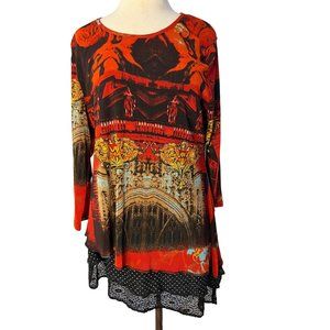 Calais blouse 1X Blouse long sleeve round neck multi color artsy asymmetric hem